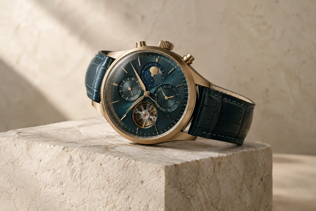 Montre de design à complications posée sur un socle de pierre claire