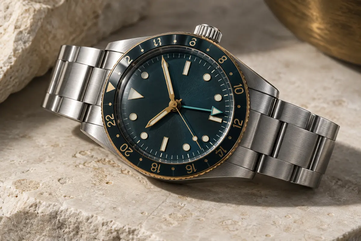 Montre GMT avec aiguille de second fuseau sur une pierre ivoire