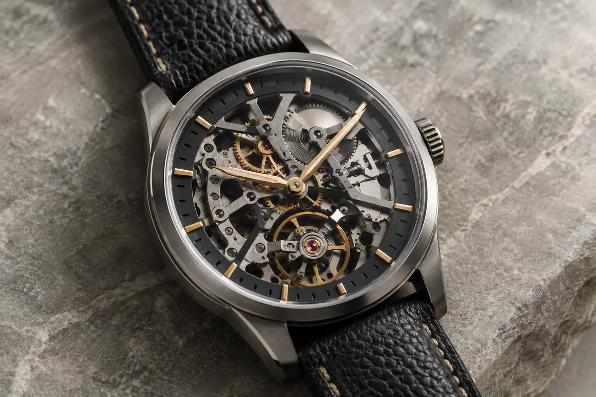 Mouvement apparent d’une montre squelette de design en gros plan