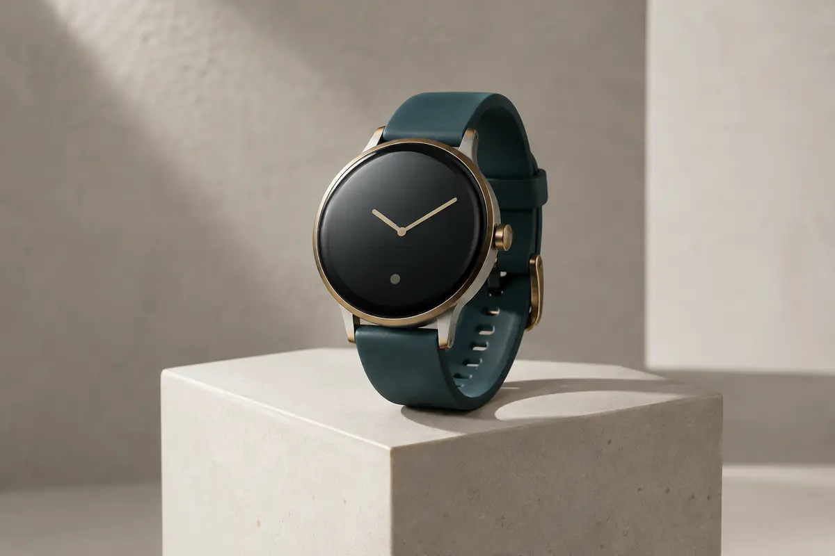 Montre contemporaine de design à affichage numérique sur un socle ivoire