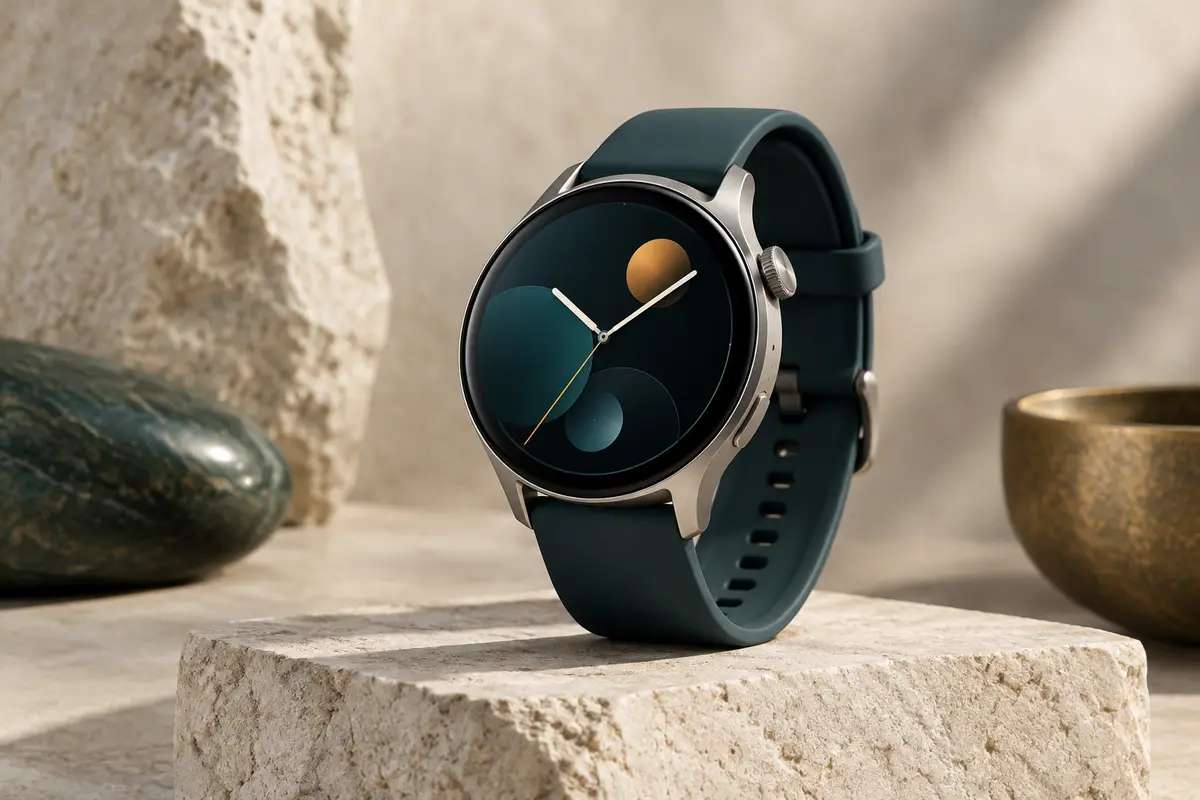 Montre connectée de design posée sur un socle de pierre claire