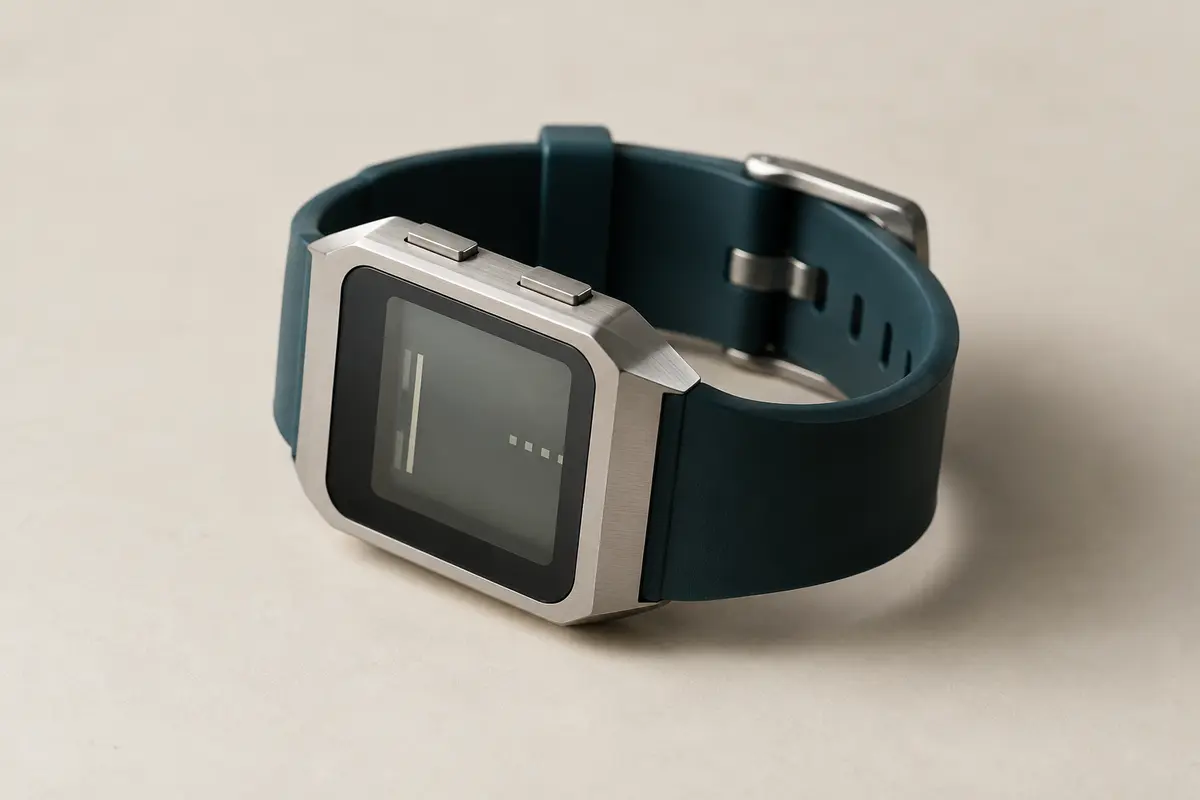 Montre digitale de design avec écran rectangulaire et boîtier graphique