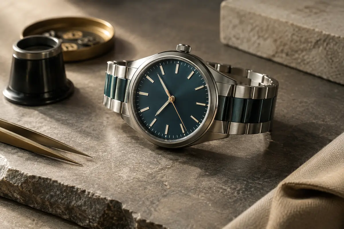 Montre instrument de design au cadran lisible sur un fond minéral