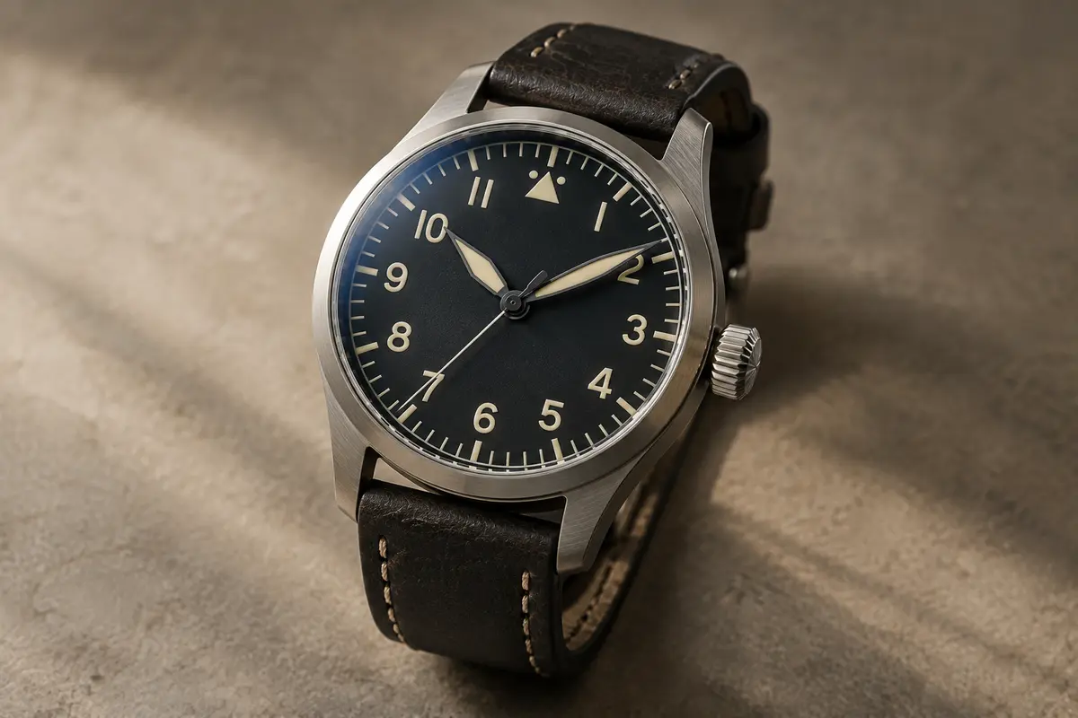 Montre d’aviateur de design à grands chiffres sur un fond gris chaud