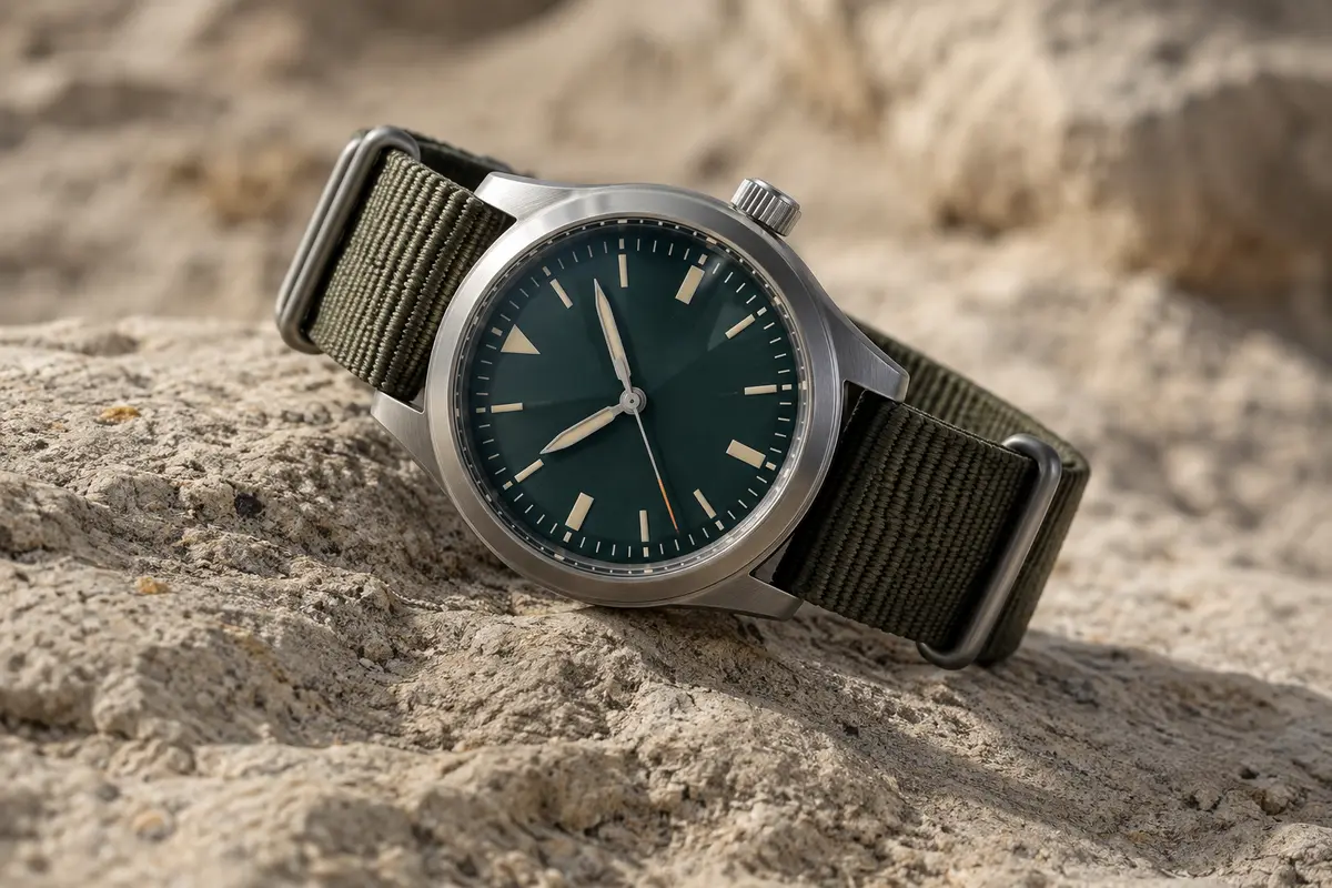 Montre de terrain analogique à cadran clair sur un fond sable