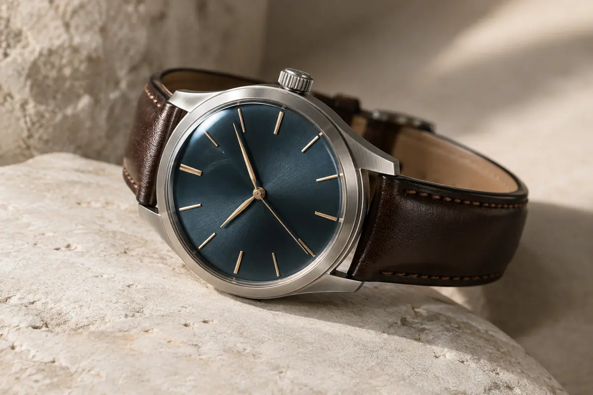 Montre de design et détails horlogers photographiés sur une pierre claire