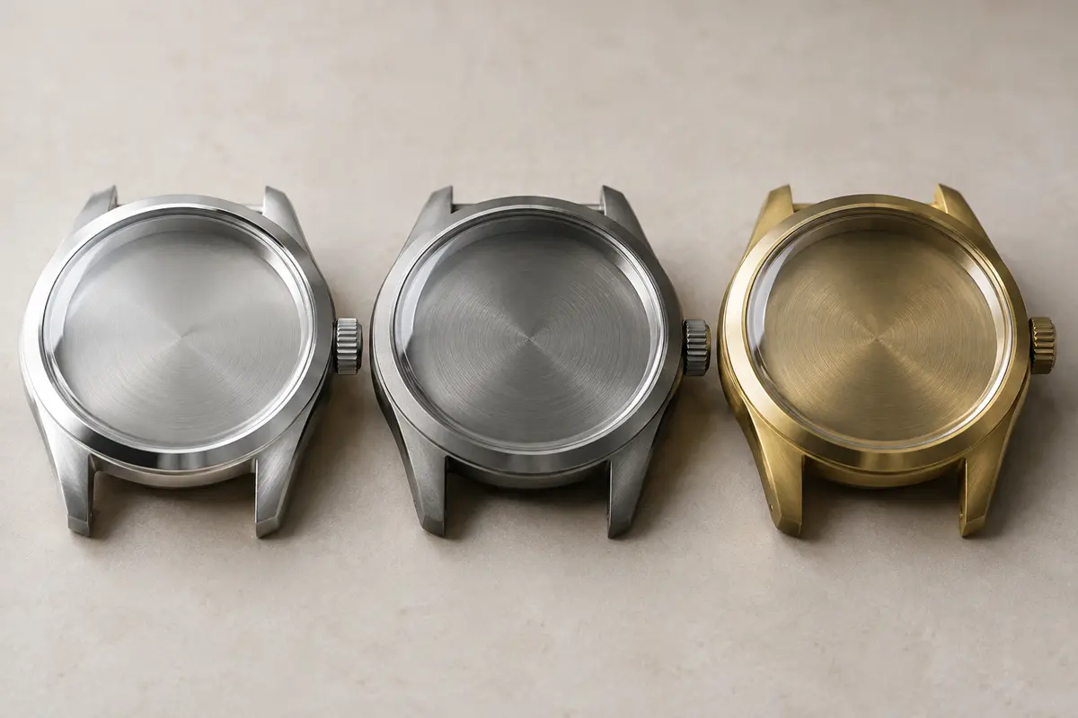 Trois boîtiers de montre aux finitions acier argenté, titane gris mat et laiton doré.