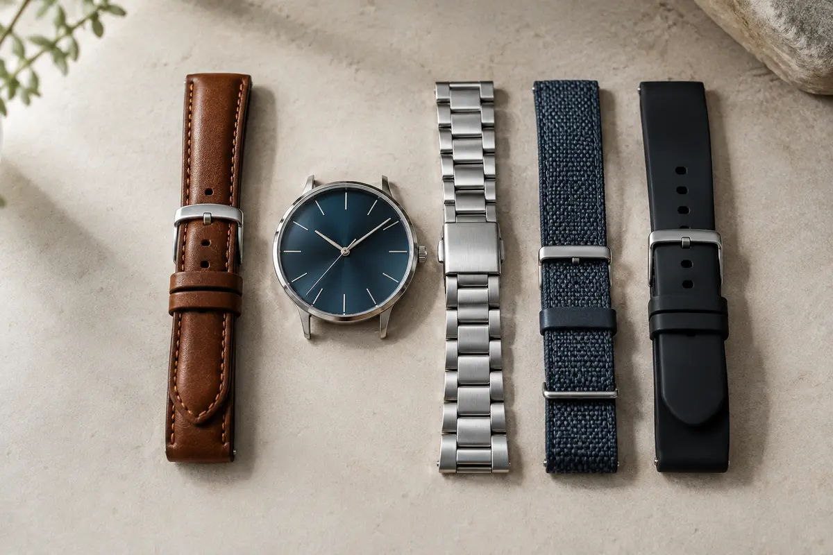 Montre analogique entourée de bracelets en cuir, métal, textile et silicone aux textures distinctes