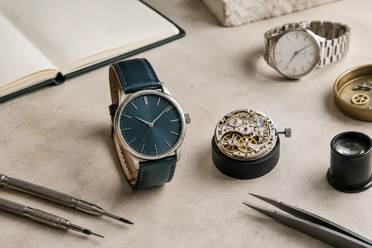 Montre de design et mécanisme horloger présentés côte à côte pour comparer les mouvements