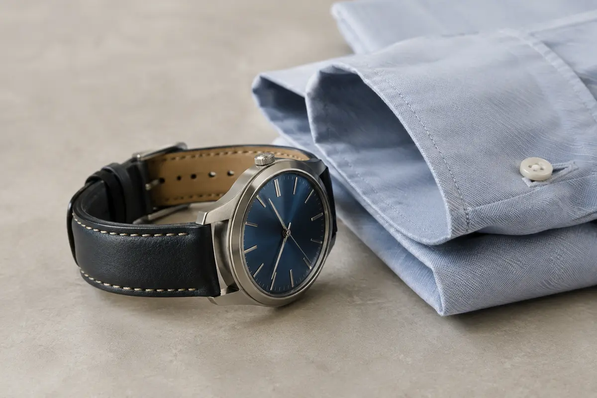 Montre analogique vue de profil à côté d’une manche de chemise ouverte pour comparer son épaisseur.