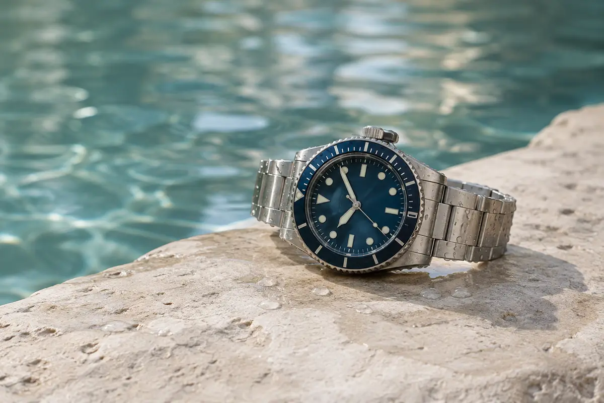 Montre analogique de plongée posée au bord d’un bassin, avec des gouttes d’eau sur le boîtier