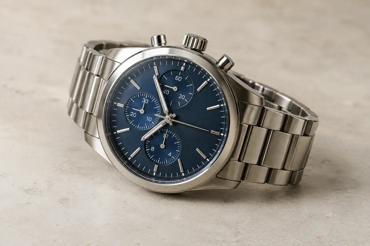 Montre chronographe analogique montrant ses petits compteurs et ses poussoirs sur le côté du boîtier