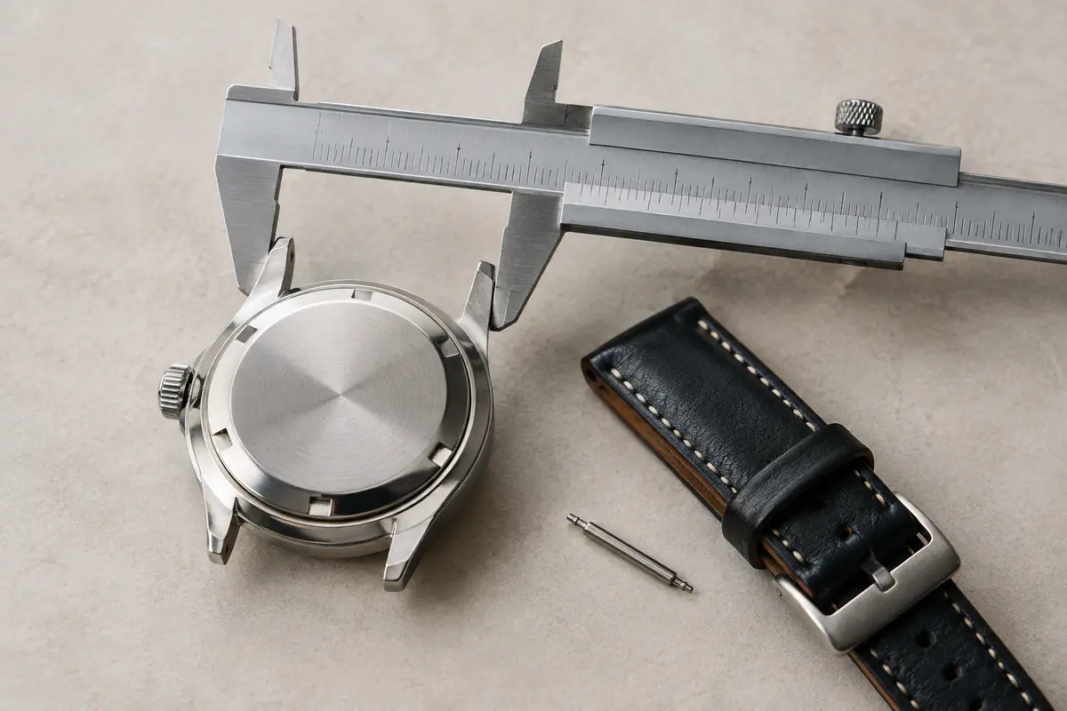 Un pied à coulisse mesure l’espace entre les cornes d’une montre posée sur un tissu clair.