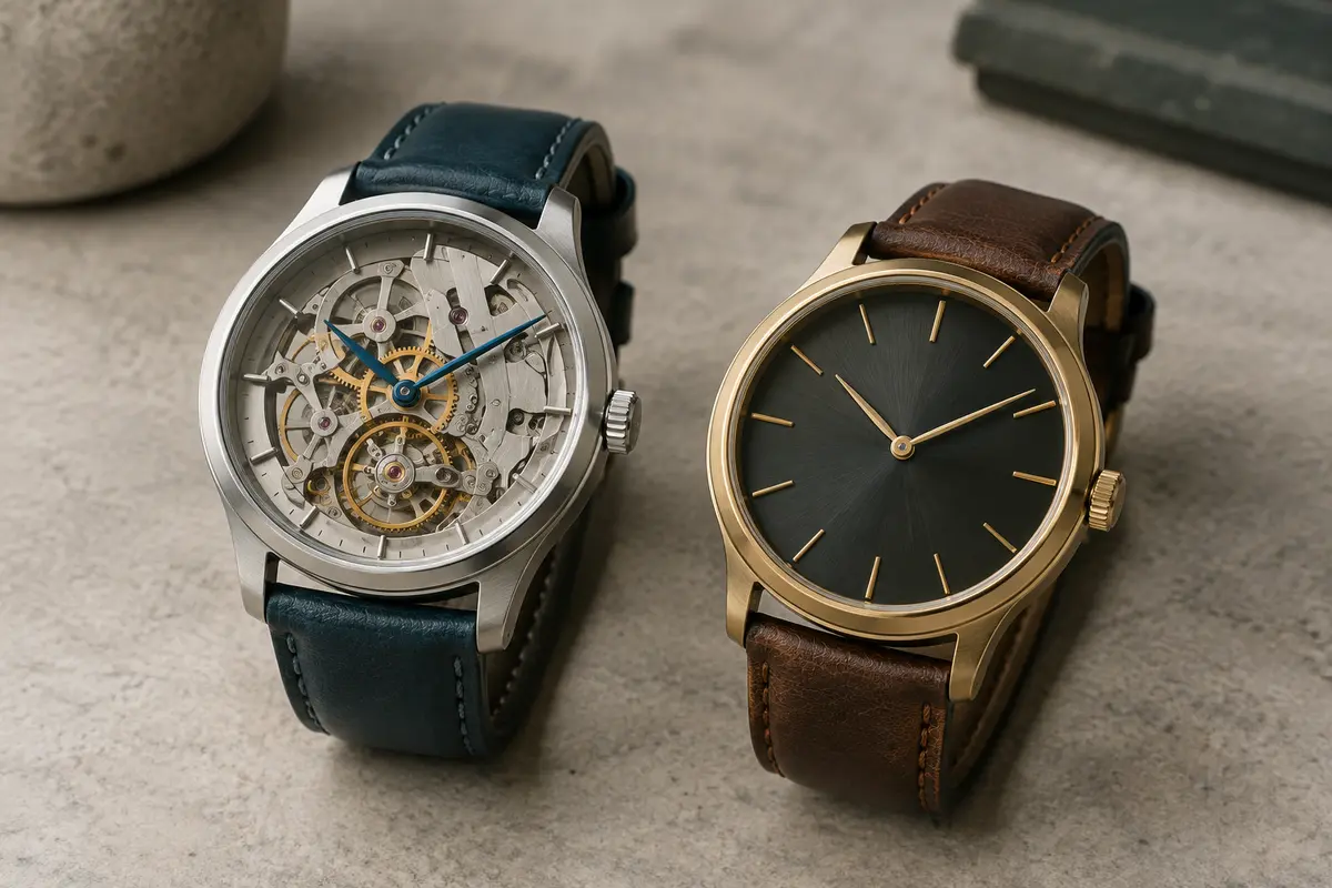 Deux montres analogiques illustrent la comparaison entre un mouvement automatique visible et un modèle à quartz.
