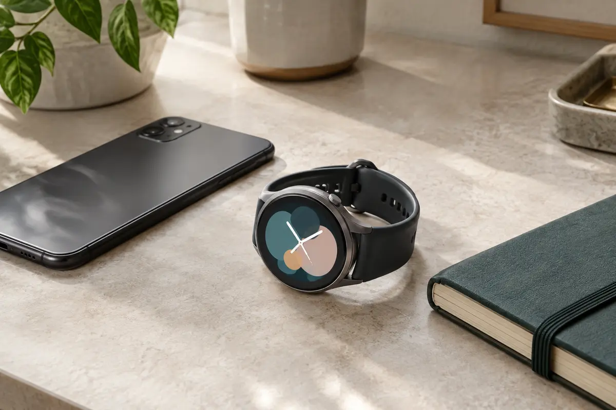 Montre connectée posée près d’un téléphone retourné, dans une scène évoquant des alertes mieux maîtrisées.