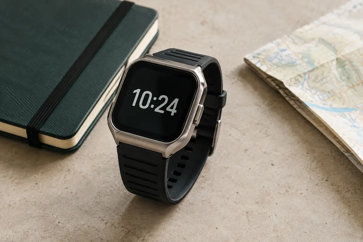 Montre digitale posée sur un bureau, avec des chiffres contrastés visibles sur son écran.