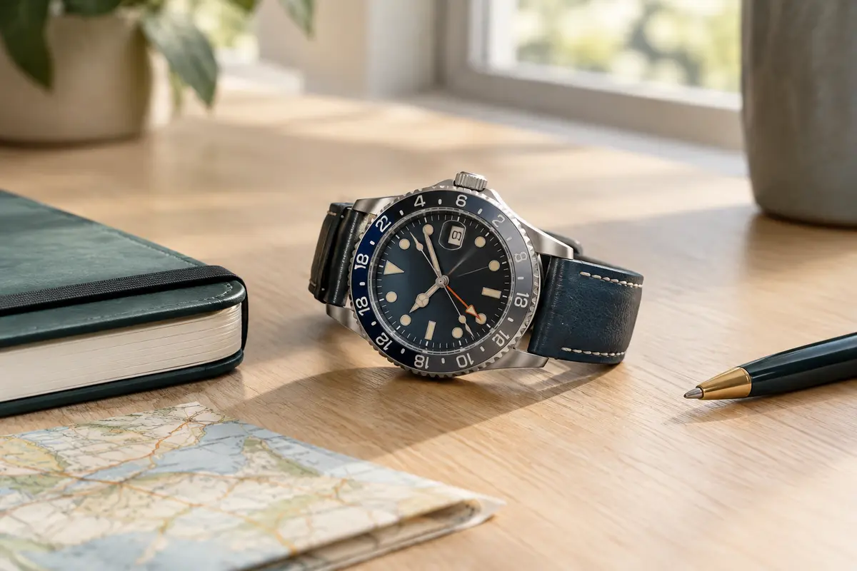 Montre analogique GMT posée sur un bureau, avec aiguille de 24 heures et lunette graduée