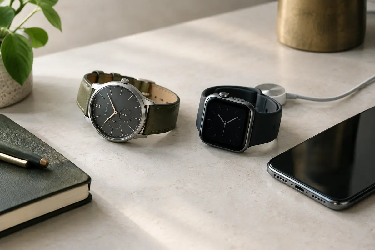 Montre hybride à aiguilles et montre connectée numérique posées côte à côte avec un câble de recharge