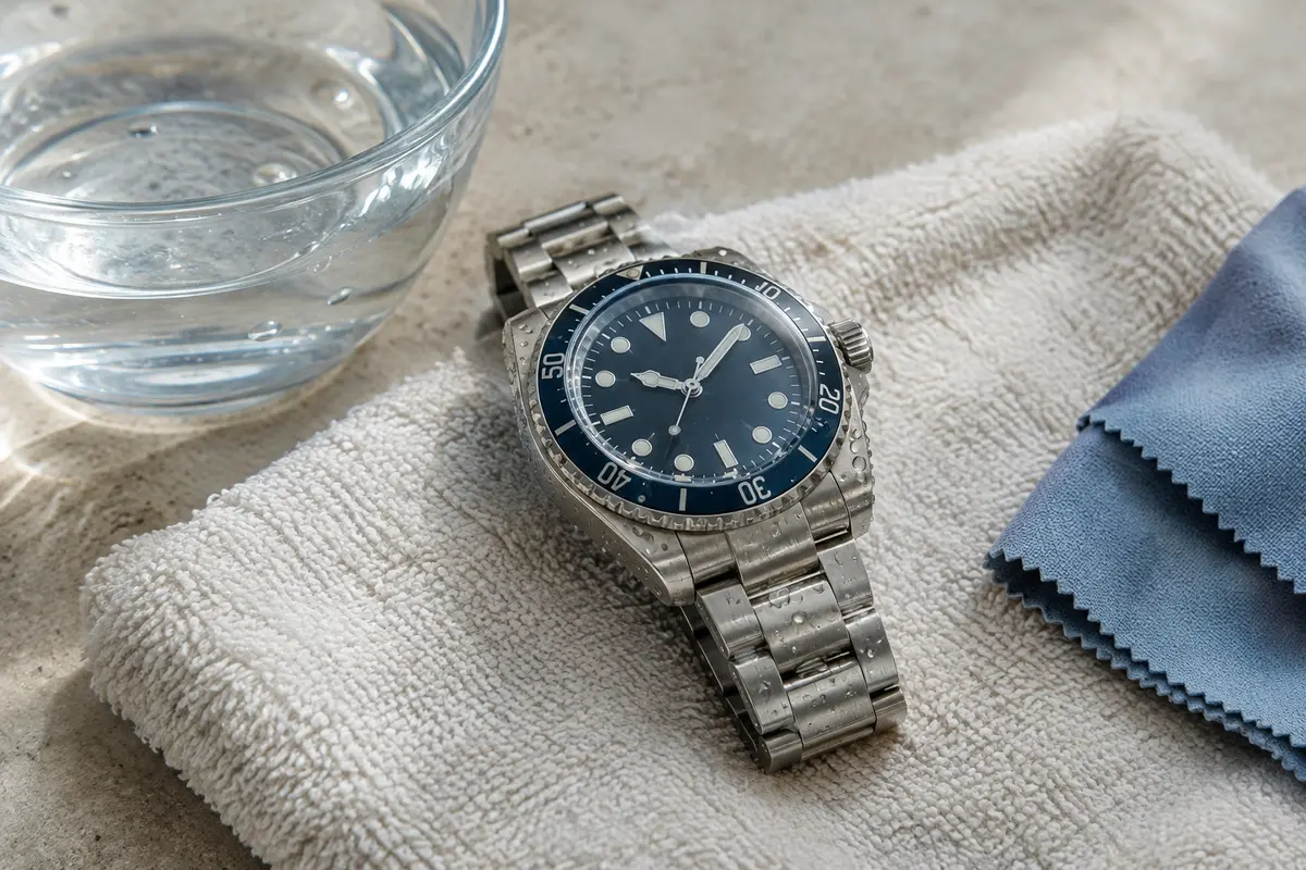 Montre de plongée et chiffon propre après une sortie en mer, prêts pour un rinçage selon la notice