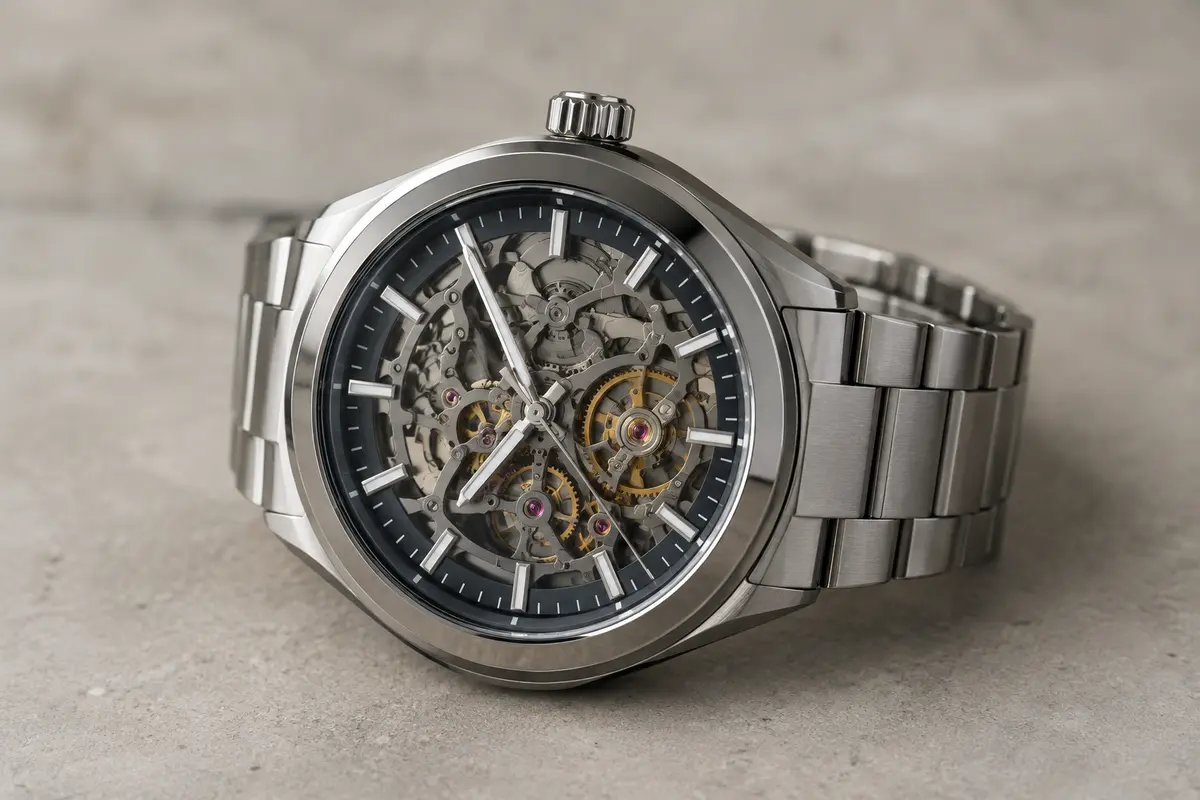 Montre squelette posée sur une surface neutre, avec aiguilles contrastées devant le mécanisme visible.