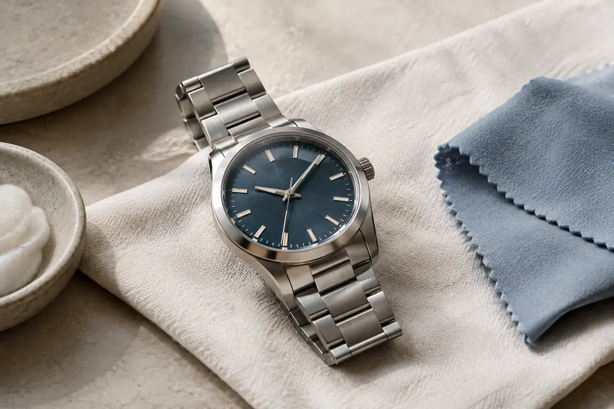 Montre de design à bracelet métallique posée sur un linge avec un chiffon doux pour son entretien