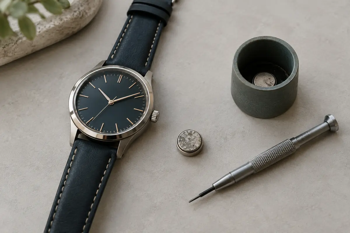 Montre à quartz et pile bouton usagée posées près d’un récipient de collecte adapté.