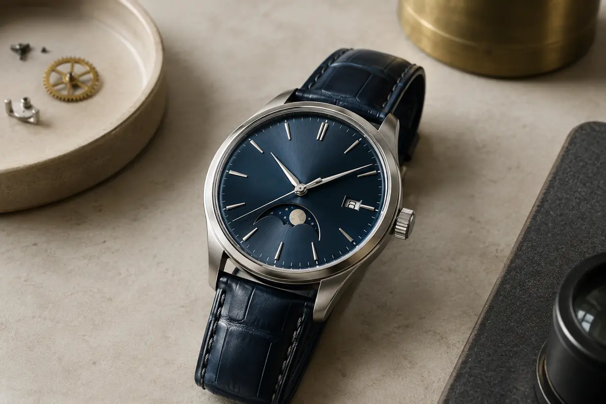 Montre analogique à phase de lune et guichet de date posée sur un établi horloger