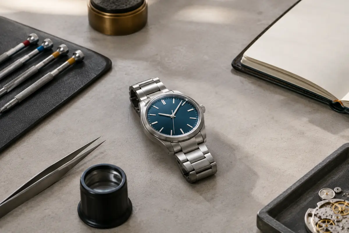 Montre automatique posée sur un établi avec des outils horlogers rangés pour un contrôle
