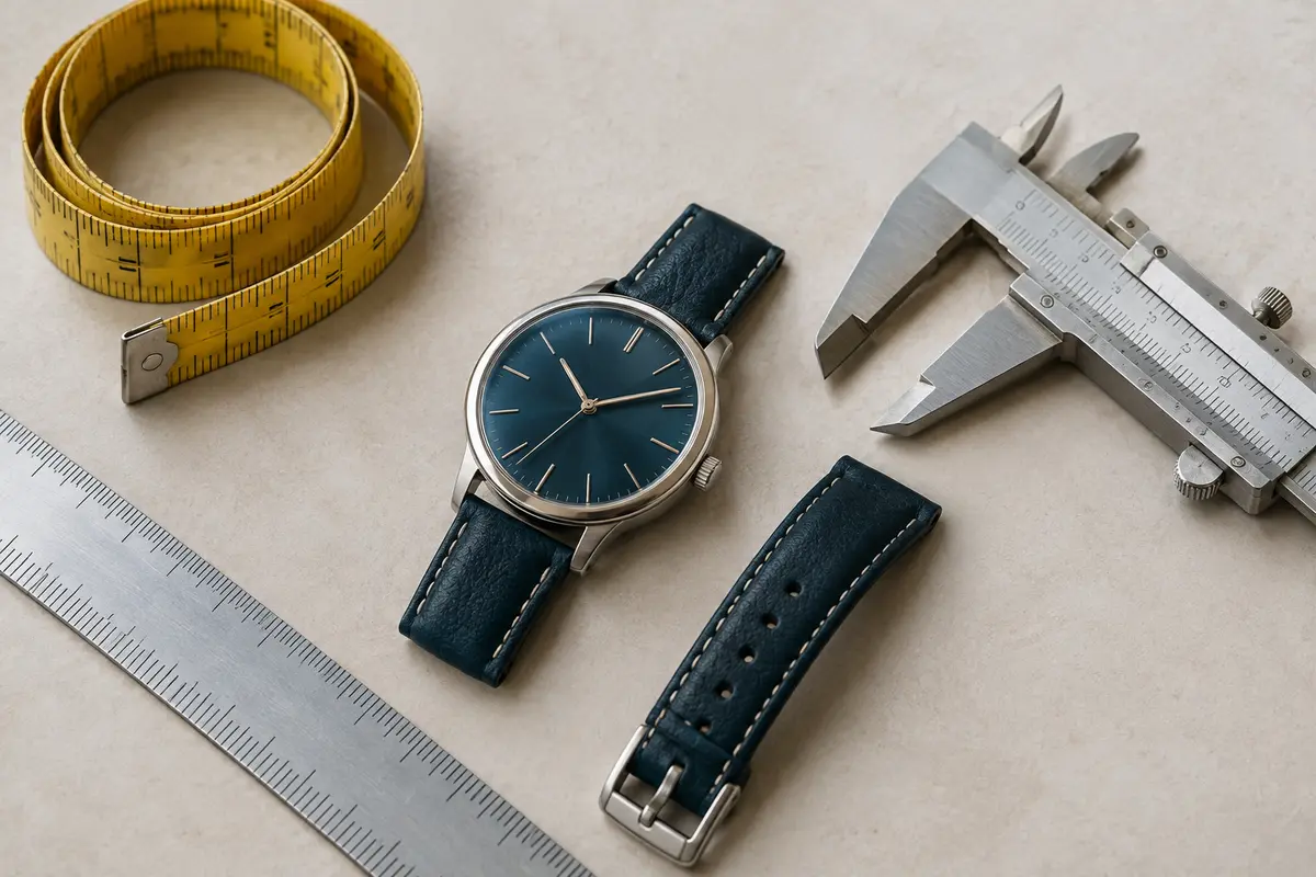Montre analogique posée près d’un mètre ruban et d’un pied à coulisse pour comparer ses dimensions.