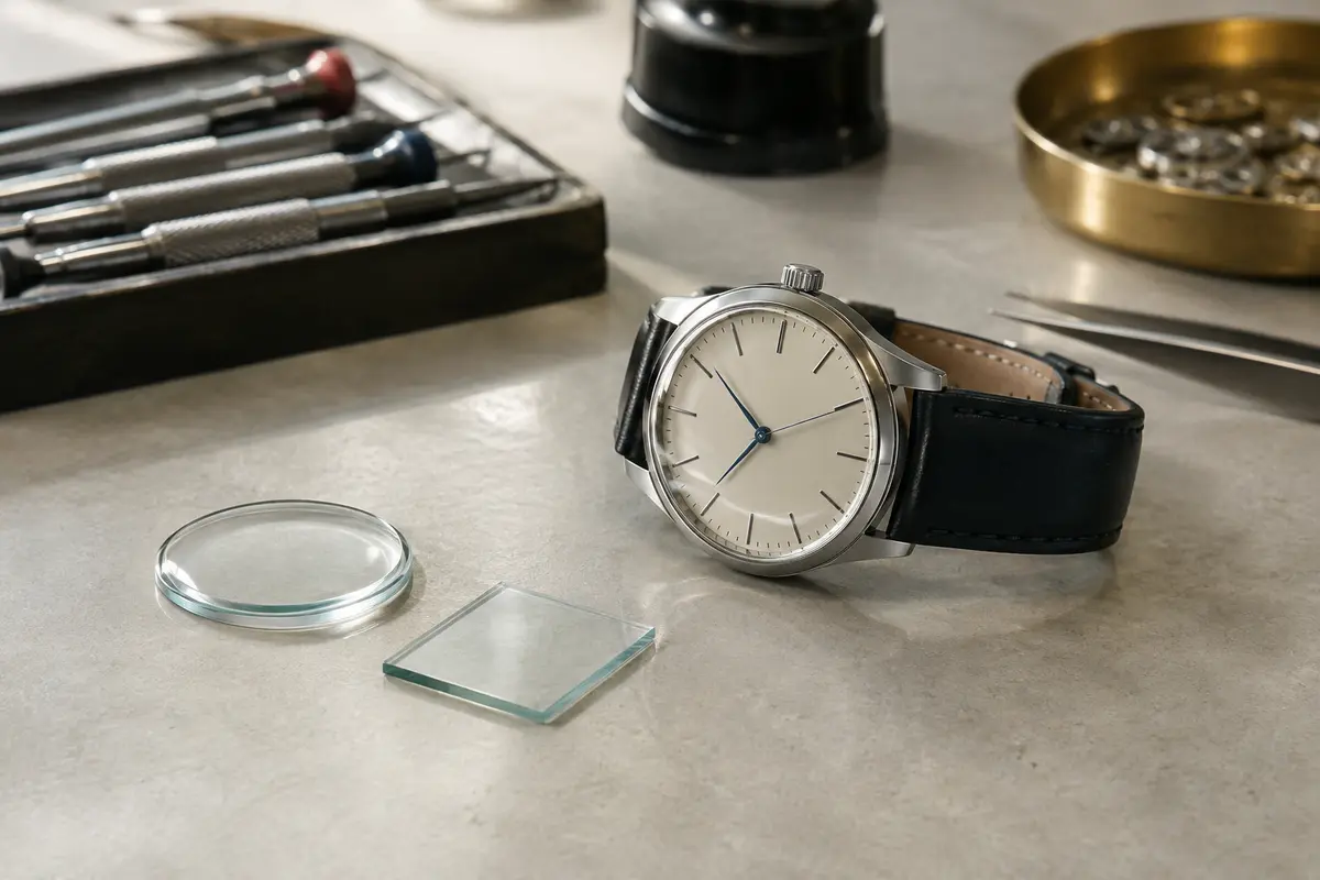 Montre analogique et échantillons de verre posés sur un établi, pour comparer transparence et reflets.