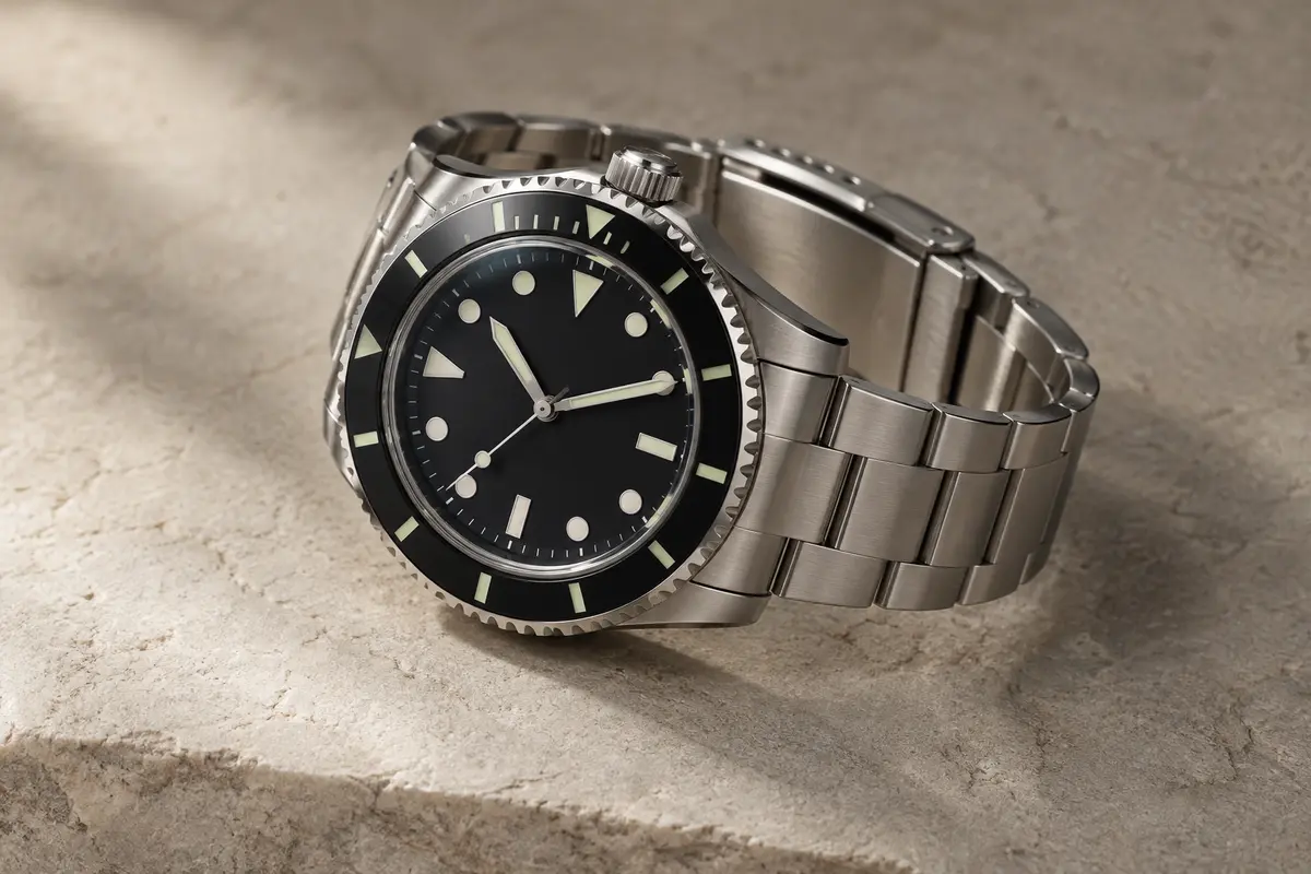Montre Addiesdive à cadran noir, aiguilles lumineuses et bracelet argenté en acier inoxydable