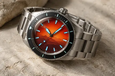 Montre de plongée automatique en acier, cadran rouge-orange à motif de montagnes et lunette céramique