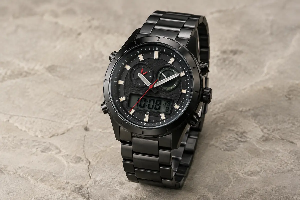 Montre Affute à cadran analogique et numérique, bracelet en acier noir et boîtier rond sportif