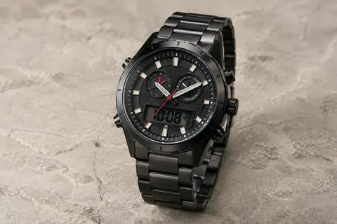 Montre Affute à cadran analogique et numérique, bracelet en acier noir et boîtier rond sportif