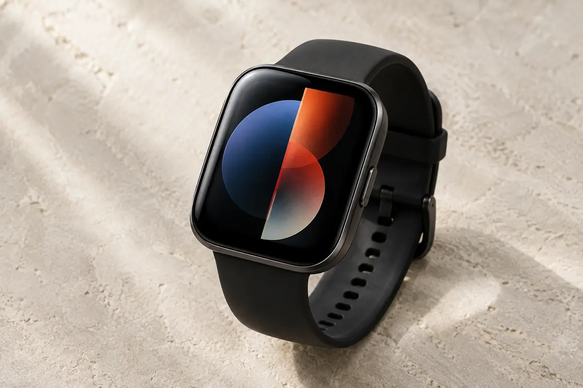 Montre connectée noire Amazfit Bip 6 posée sur un fond minéral ivoire, écran AMOLED allumé