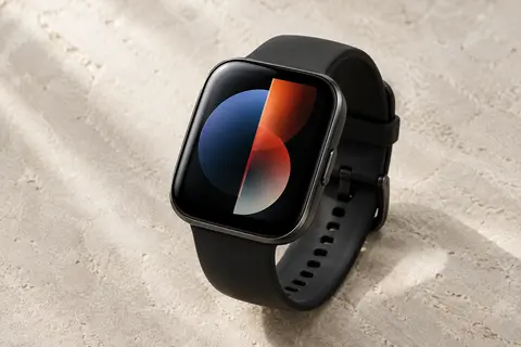 Montre connectée noire Amazfit Bip 6 posée sur un fond minéral ivoire, écran AMOLED allumé