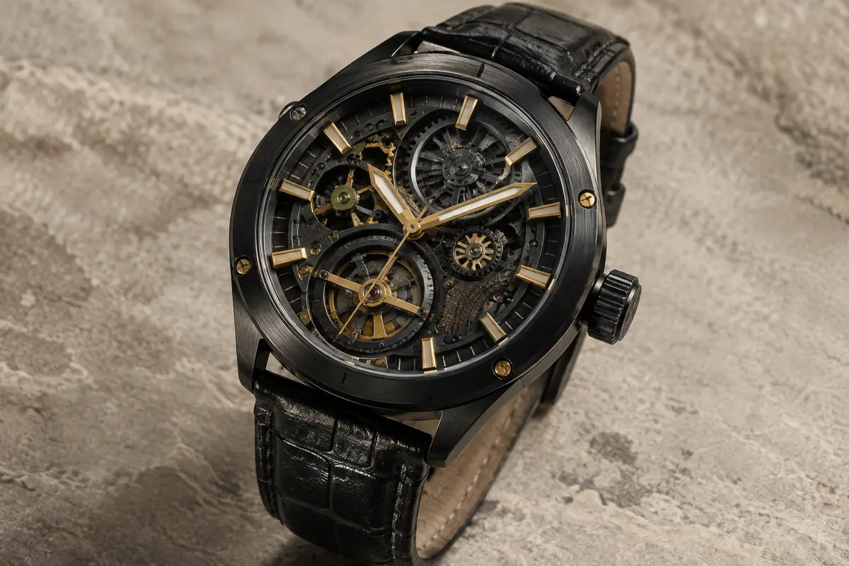 Montre Avaner noire à quartz, cadran steampunk de grand format et bracelet synthétique façon cuir
