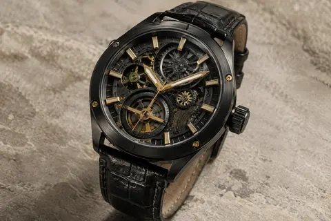 Montre Avaner noire à quartz, cadran steampunk de grand format et bracelet synthétique façon cuir