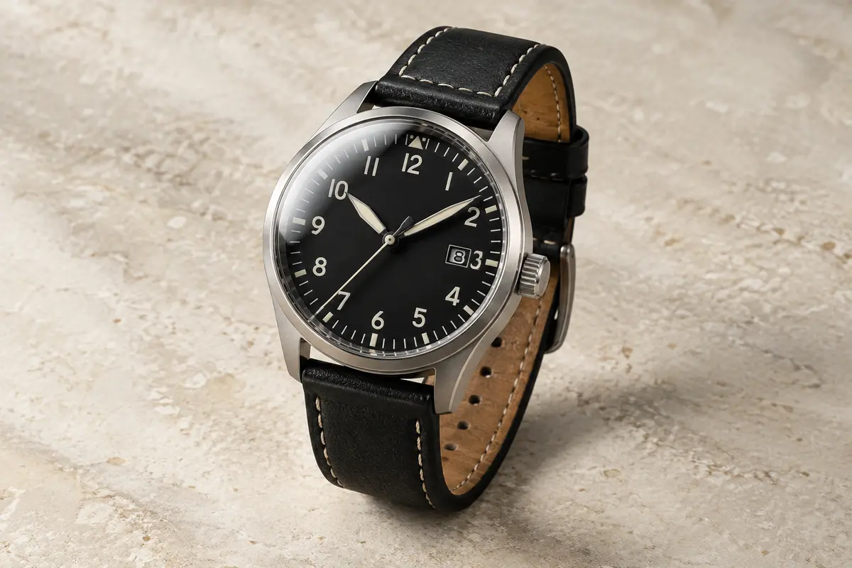 Montre d’aviateur AVI-8 à cadran noir, boîtier en acier et bracelet en cuir véritable