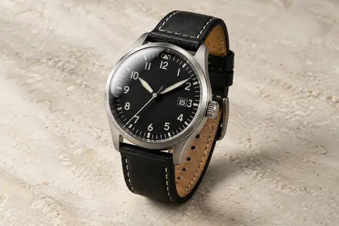 Montre d’aviateur AVI-8 à cadran noir, boîtier en acier et bracelet en cuir véritable