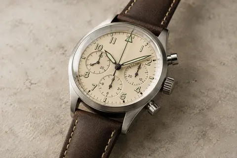 Montre AVI-8 Hawker Hurricane à cadran crème, boîtier en acier et bracelet en cuir.