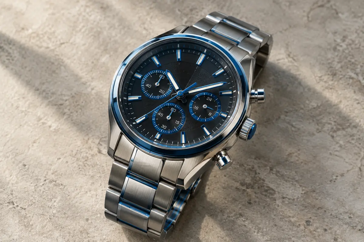 Montre chronographe Benyar à cadran noir, boîtier argenté et éléments bleus sur un fond minéral ivoire.