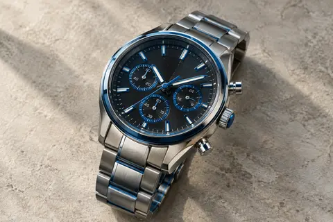 Montre chronographe Benyar à cadran noir, boîtier argenté et éléments bleus sur un fond minéral ivoire.