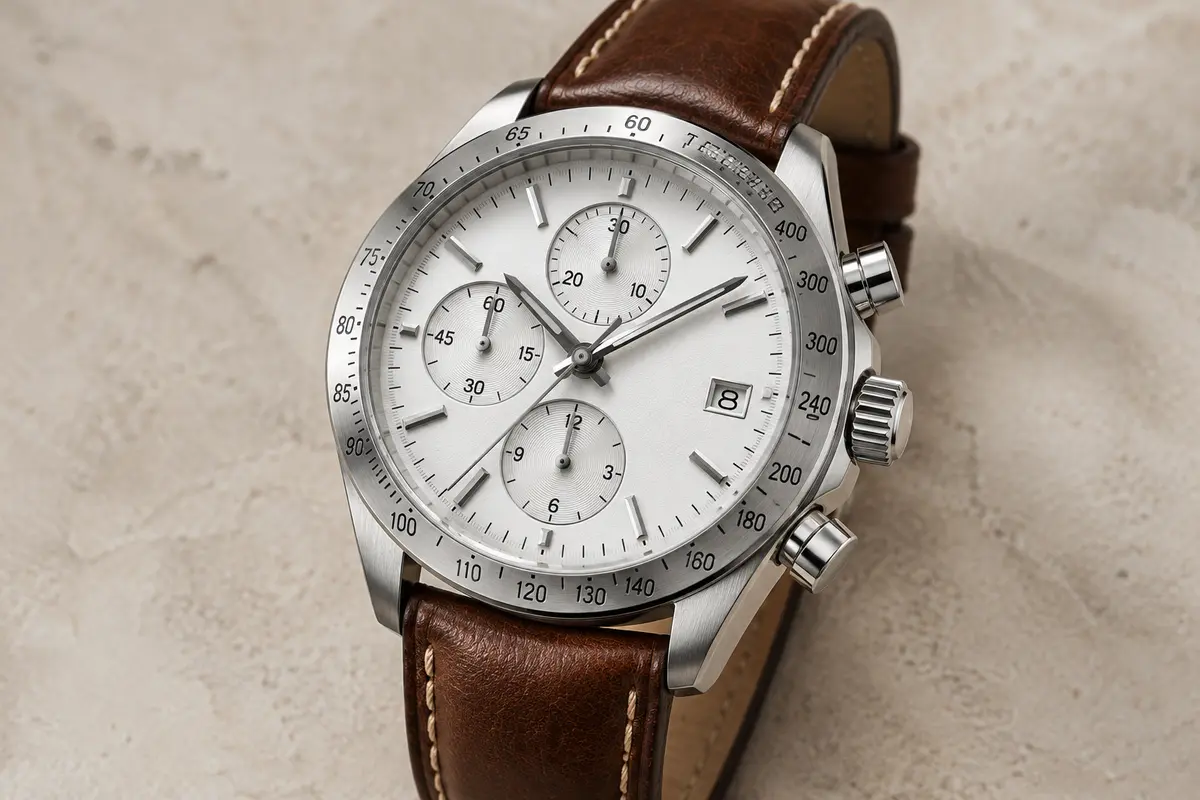 Montre Benyar chronographe à cadran blanc, boîtier argenté et bracelet en cuir marron