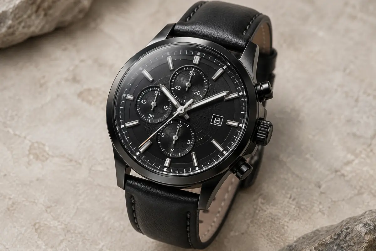 Montre chronographe noire à quartz, cadran à trois sous-cadrans, calendrier et bracelet en cuir véritable