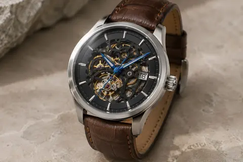 Montre Benyar à cadran squelette sombre, détails dorés, date affichée et bracelet en cuir marron.
