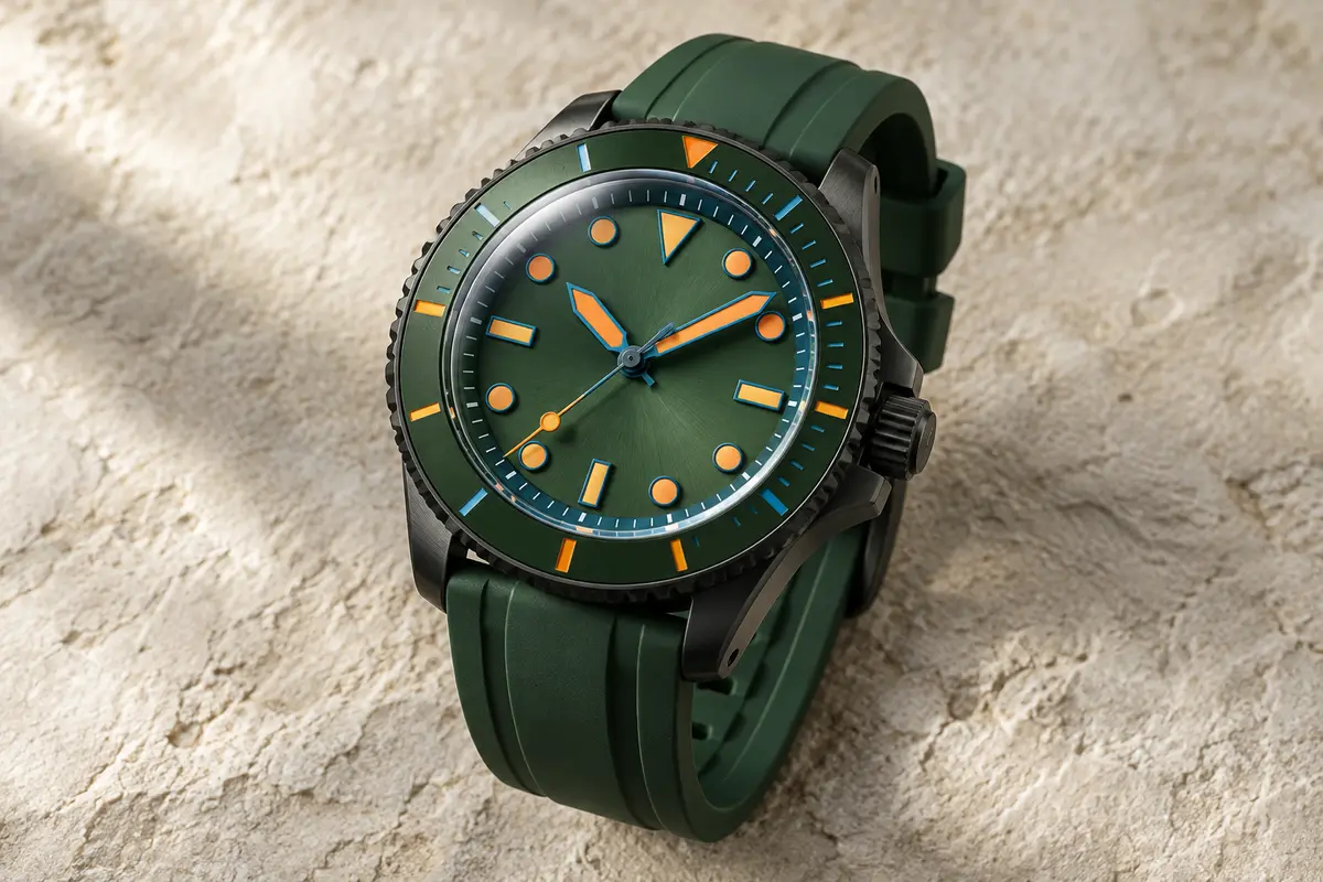 Montre de plongée Berny à cadran vert, bracelet en silicone et lunette intérieure sur fond minéral ivoire