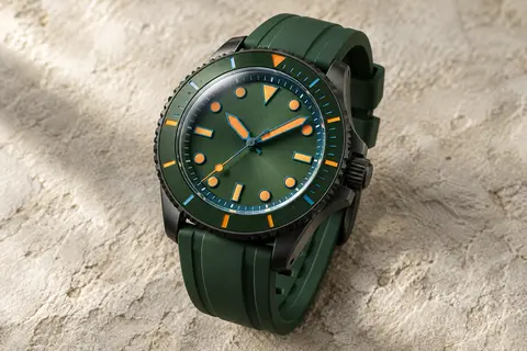 Montre de plongée Berny à cadran vert, bracelet en silicone et lunette intérieure sur fond minéral ivoire
