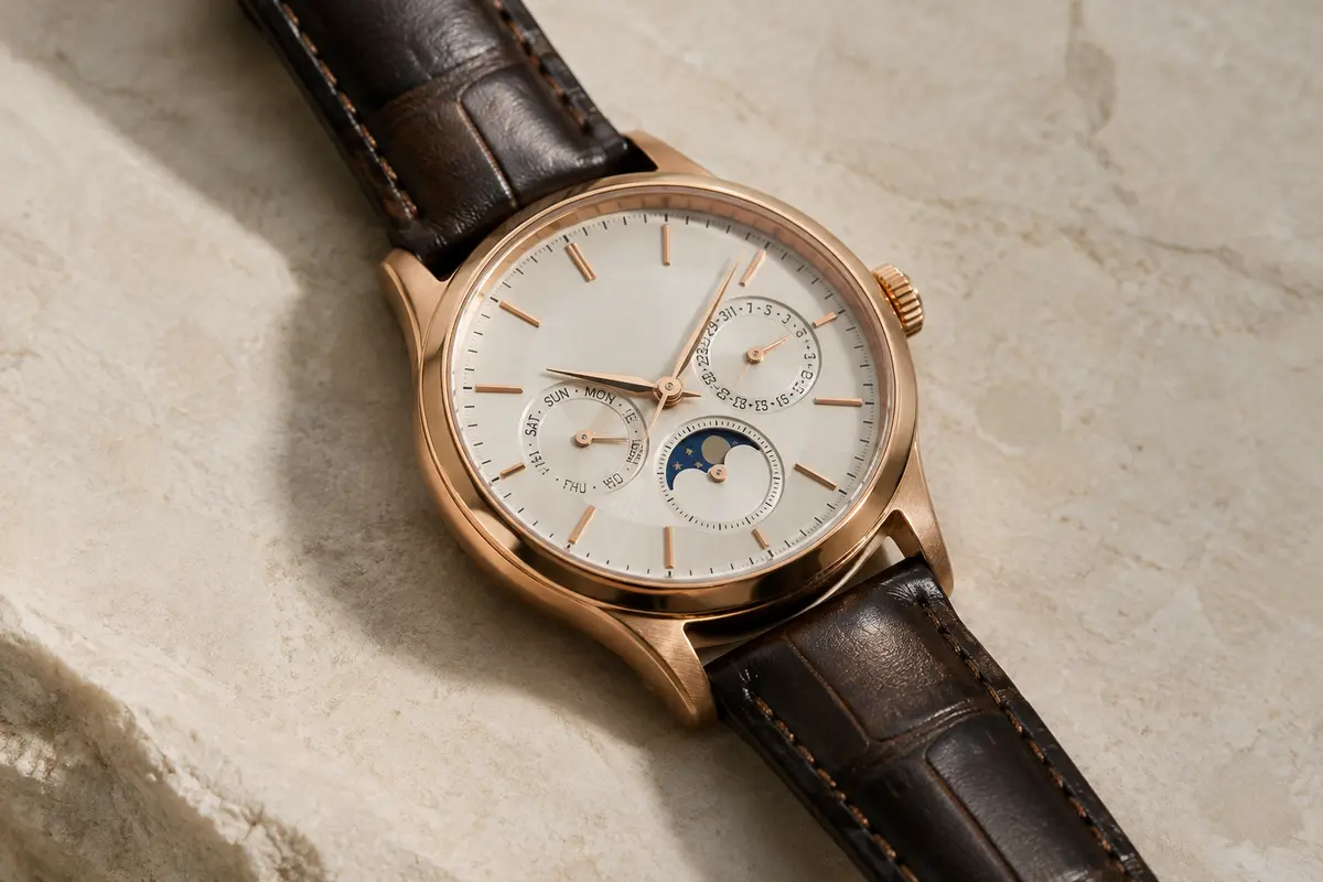 Montre Berny à boîtier or rose, bracelet en cuir et trois sous-cadrans pour le jour, la date et la phase de lune.