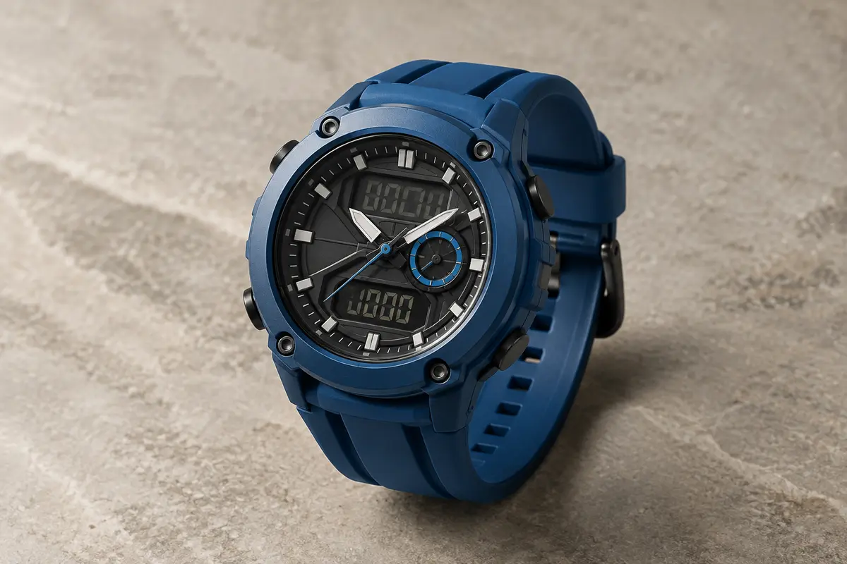 Montre de sport à double affichage, cadran rond généreux et bracelet bleu en polyuréthane
